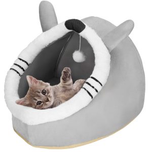 Kaķu guļvieta ar rotaļlietu un spilvenu Springos PA0241 42x44x35 cm pelēka