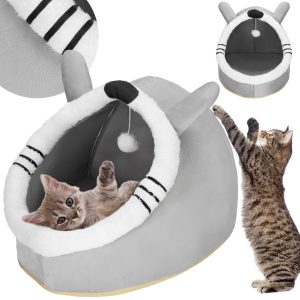 Kaķu guļvieta ar rotaļlietu un spilvenu Springos PA0241 42x44x35 cm pelēka