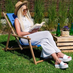 Koka saliekamais šezlongs ar roku balstiem Springos DC006 OXFORD23 tumši zils