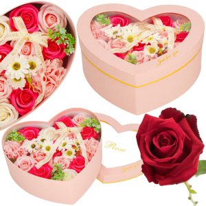 Ziepju rozes Springos HA7444 24gb puķu kastes ziedu komplekts sirds kastītē rozā