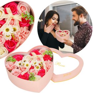 Ziepju rozes Springos HA7444 24gb puķu kastes ziedu komplekts sirds kastītē rozā