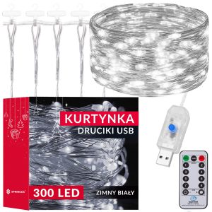 Ziemassvētku lampiņas ar USB programmētāju Springos CL4023 300 Led auksti balts 3x3 m