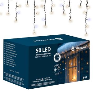 LED svētku gaismas aizkars ar 50 LED auksti baltā gaismā + flash Springos CL1240